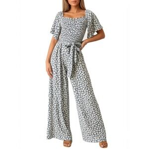 HAYDEN Jumper Size Small Blue Floral Palazzo Ruffed Neck Smocked Boho NEW‎